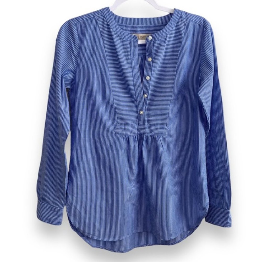 LOFT Popover Top Shirt Sz XS Blue White Stripe Lightweight Cotton Long Sleeve